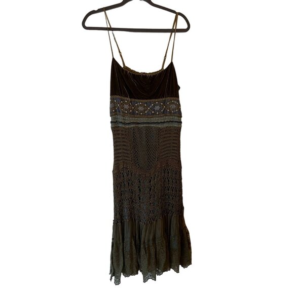 Hale Bob Dresses & Skirts - Hale Bob Emerald Green Lace Crochet 90s Vintage Velour Dress Embroidered Sz Med